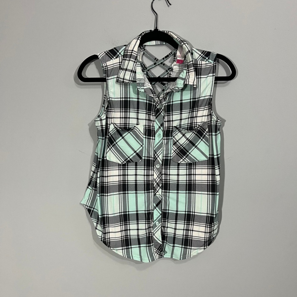No Boundaries Mint Green Plaid Sleeveless Button Down Shirt Lattice Back Sz M